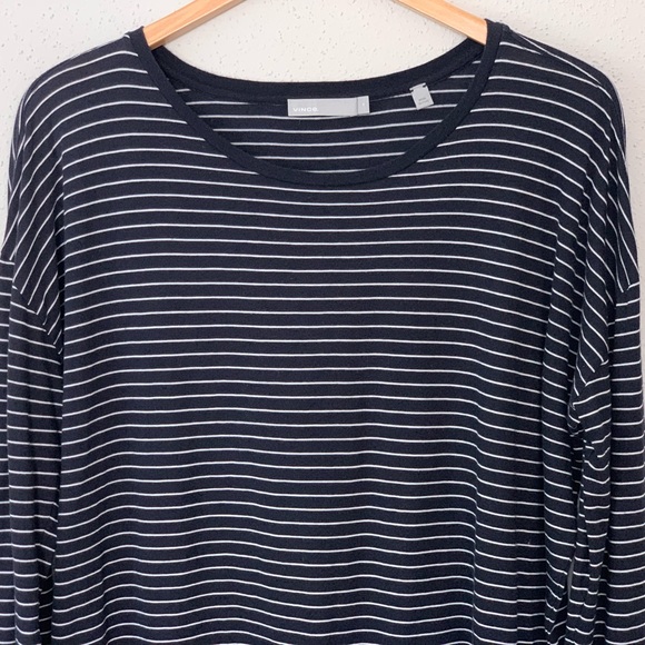 Vince 100% Pima Cotton Boxy Fit Striped Long Sleeve Tee Top in Black White Sz M - Picture 2 of 7